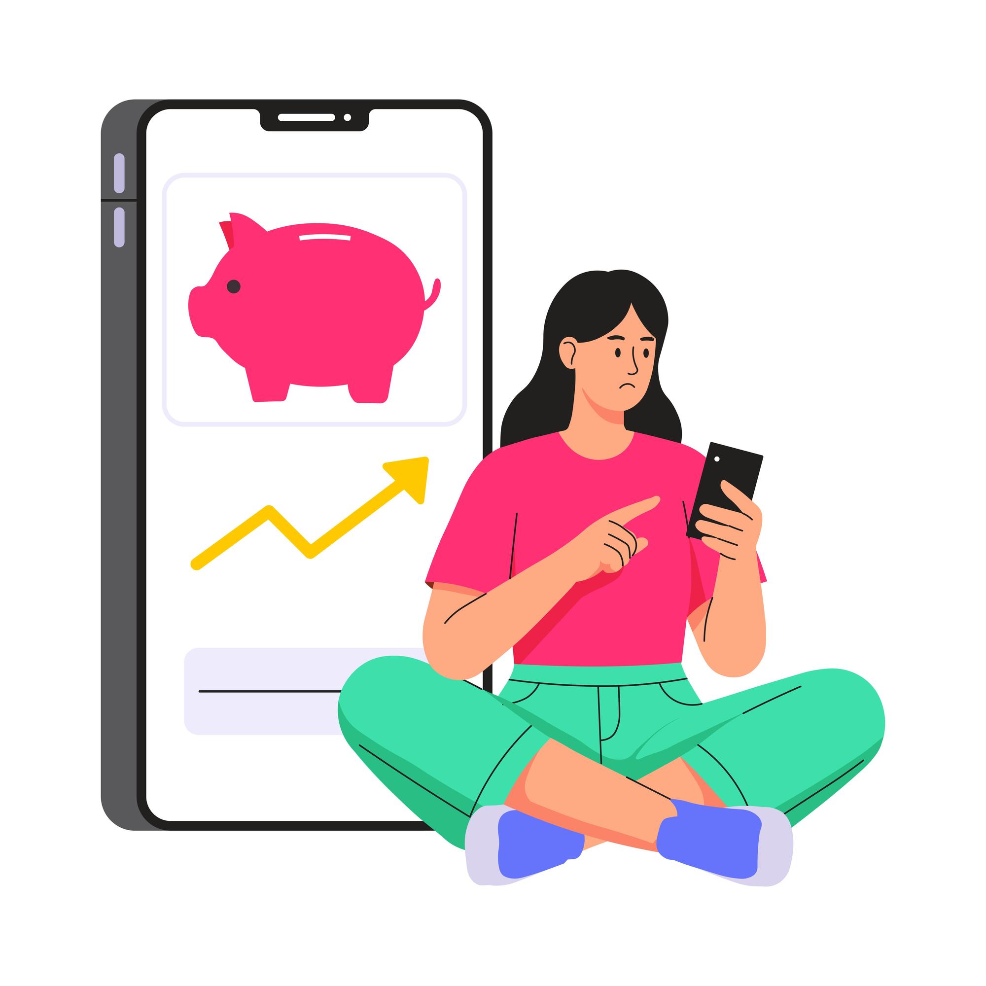 Illustration: Person mit Sparschwein und Smartphone